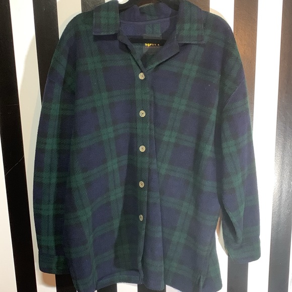 Vintage 90s Navy/Black/Hunter Green Tartan Plaid Button Up Shacket Fleece Shirt - Picture 1 of 13